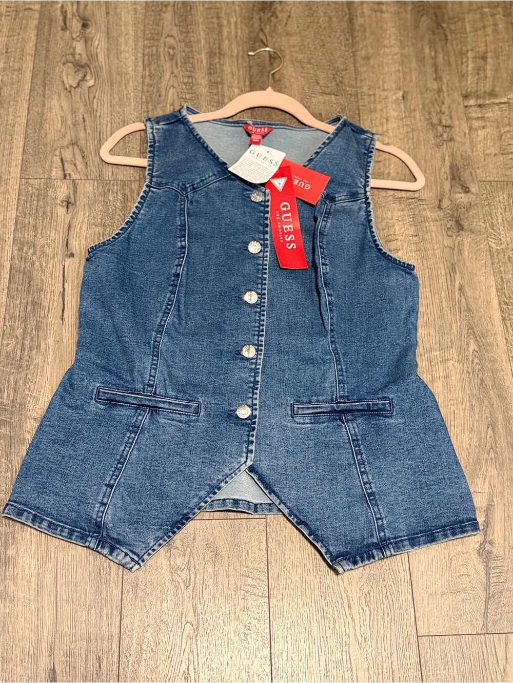 Guess Blue Denim Button-Front V-Neck Vest